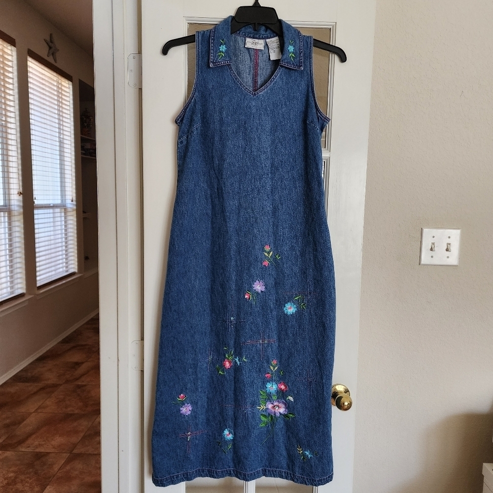 Vintage Studio Ease Petite Denim Dress Floral Embroidered 10P Cottagecore Y2K